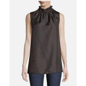 Lafayette 148 Womens L Brown Percy Ruffled Neck Foulard 100% Silk Blouse NEW